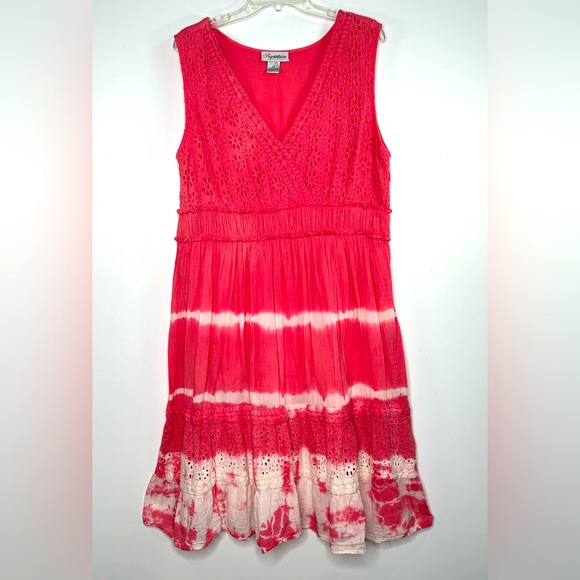 Signature JMB Crochet Lace Boho Peasant Prairie Midi Dress Pink‎ Tie Die Sz 2X - Picture 1 of 5